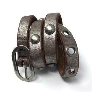 Fossil genuine brown leather studded belt with pewter colour hardware - size S